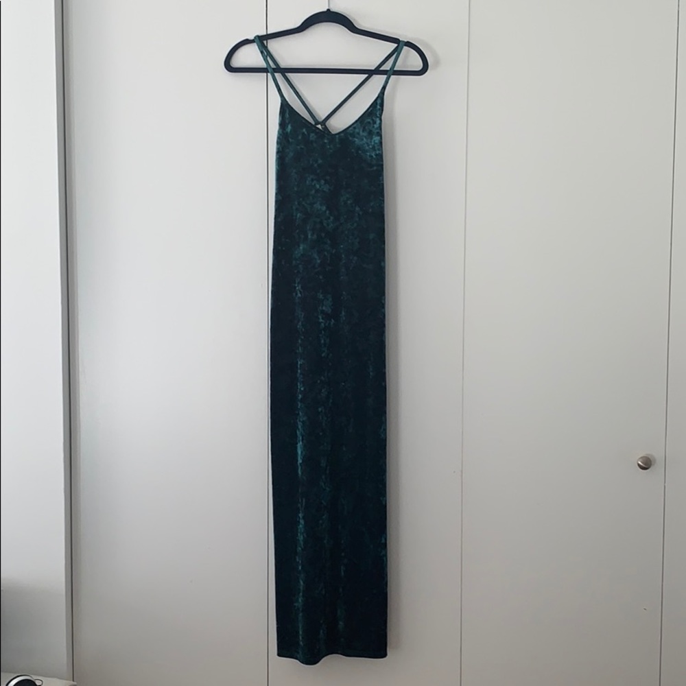 Green velvet floor length spaghetti strap dress